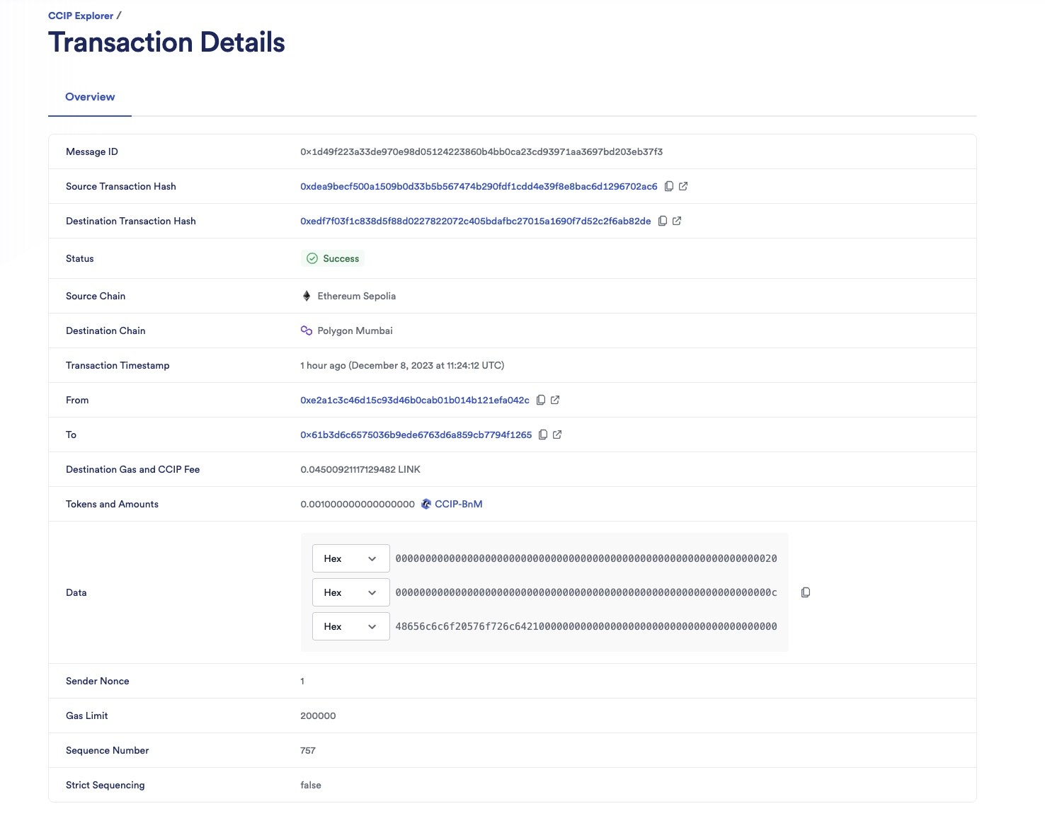 Chainlink CCIP Explorer transaction details success